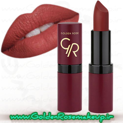 رژلب جامد مات گلدن رز ولوت شماره 22 آجری گرم مایل به هلویی مدل Velvet